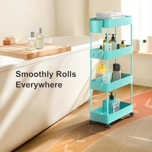 Pipishell 4 Tier Slim Storage Cart with Wheels, Laundry Cart, Turquoise - Image 6