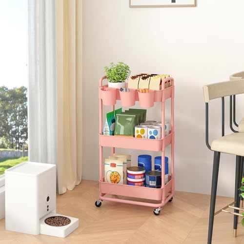 JIUYOTREE 3-Tier Plastic Rolling Storage Cart Utility Cart Pink - Image 4
