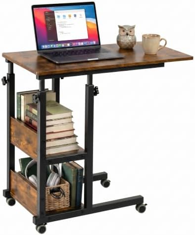 Hadulcet C Shaped Side Table Adjustable, Height Adjustable C Table with Wheels and Storage Shelves for Couch Bed Recliner Rustic Brown by Hadulcet