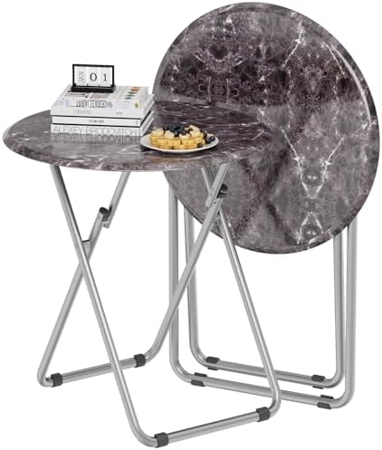 TV Tray Table, Portable TV Dinner Table for Eating, Small Foldable Round Table, TV Side Trays Table Set of 2, Snack Table for Couch, Living Room, Outdoor, Small Space (Black Marble, 2Pcs) by Fleecy+day