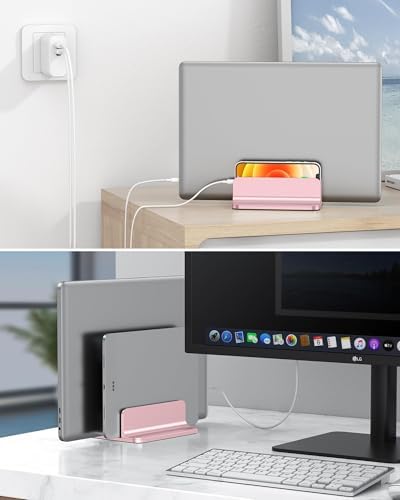OMOTON Dual Vertical Desk Laptop Stand Holder, Fits MacBook Air, Rose Gold - Image 7