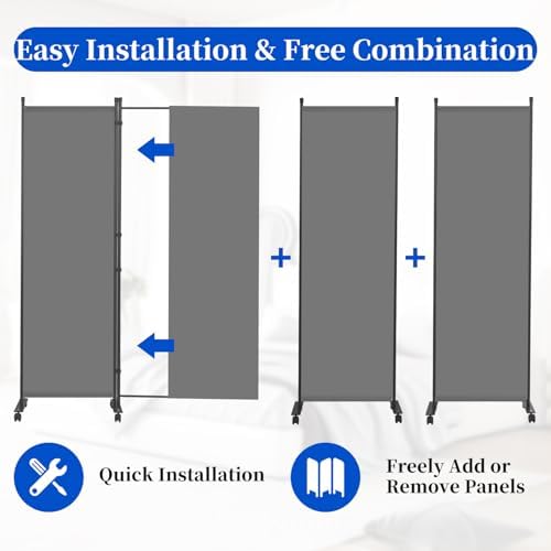 Room Divider 6FT 4 Panel Folding Privacy Screen with Lockable Wheels,Grey - Image 4