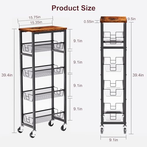 Slim Rolling Cart, 5-Tier Storage Cart, 9.1inch Narrow Kitchen Rolling Cart on Wheels for Small Space, Utility Cart Shelving Unit with Wooden Top and Metal Handle for Kitchen, Bathroom, Laundry Room - Image 4