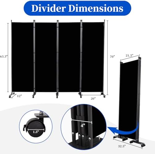 Room Divider 6FT 4 Panel Folding Privacy Screen with Lockable Wheels,Black - Image 4