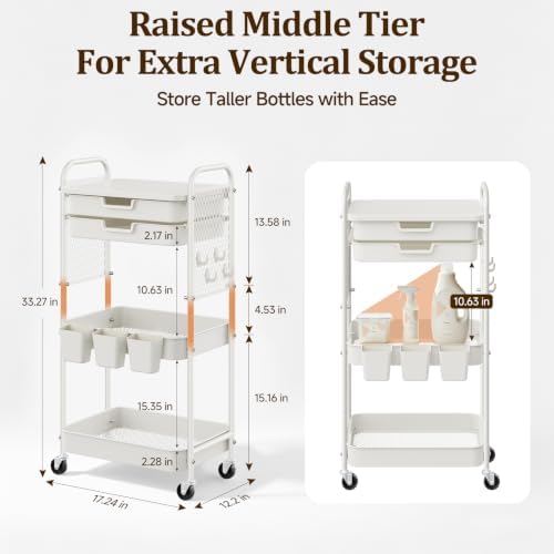 3 Tier Rolling Cart with 2 Drawers, Metal Utility Storage Carts with Wheels - Image 3