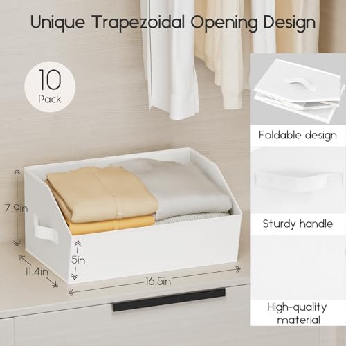 Homsorout Large Closet Organizers and Storage Bins - 10 Pack Trapezoid Storage Baskets for Shelves, Foldable Fabric Baskets with Handles Ideal for Closet, Basket, Wardrobe and Shelf Storage, White - Image 2