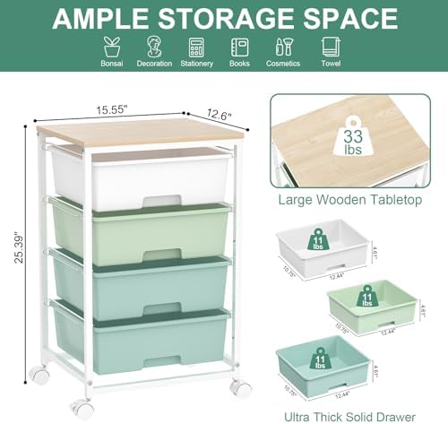 SYKIARIOL Rolling Cart with Drawers, 4-Drawer Utility Cart, Green - Image 3