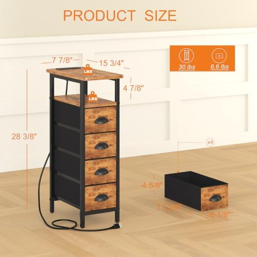 sthmec Side Table with Charging Station, Narrow End Table with 4 Drawers, LED Nightstands with Fabric Drawers,Slim Sofa Couch Side Tables for Small Spaces,Living Room,Bedroom,Rustics Brown - Image 3