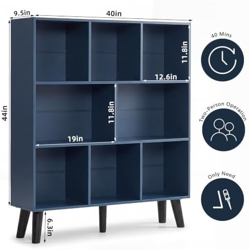 YAHARBO 8 Cube Bookshelf,3 Tier Bookcase with Legs,Dark Blue Mid-Century Modern Bookshelves,Large Free Standing Open Storage Organizer Shelf,Tall Wooden Book Case Furniture for Bedroom,Living Room - Image 2