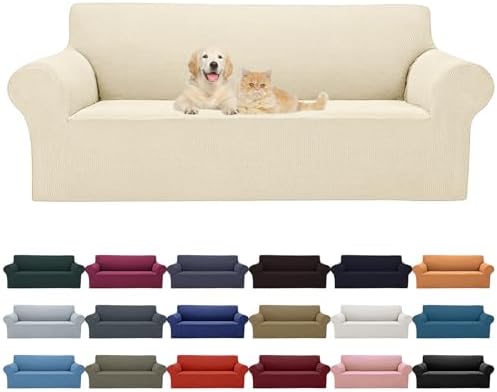Cupuamon 2026 New Stretch Oversized Sofa Slipcovers Couch Sofa Cover for 4 Seater Furniture Protector Covers with Elastic Bottom Jacquard Fabric Small Checks for Pets, Kids - Beige by Cupuamon