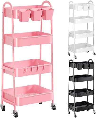 4 Tier Rolling Cart Metal with Lockable Wheels, Four Tiered Utility Carts by Recximi