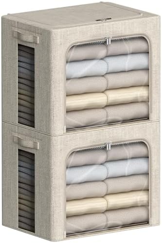 FHSQX 2 Pack Clear Window Storage Bins - Large Stackable Linen Fabric Storage for Clothes Foldable Container Organizer Set with Carrying Handles (Beige, 16.5x 12.2x 12.2Inch) by FHSQX