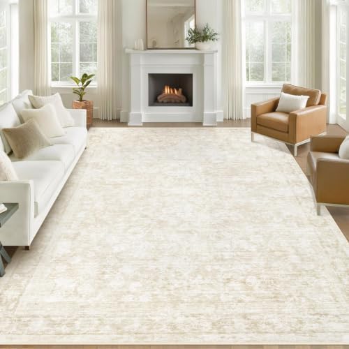 9x12 Area Rugs for Living Room: Washable Large Vintage Floral Rug Low Pile Non-Slip Boho Carpet for Bedroom Dining Home Office (Beige, 9'x12') by LOSBULAKE