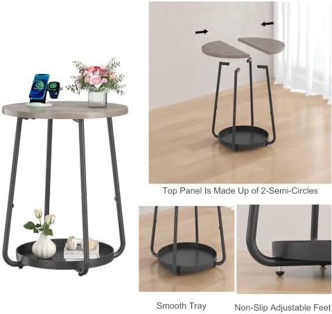 sthmec Small Round Side End Table with Storage, 2 Tier Round Bedside Sofa Couch Coffee Tables with Tray, Metal Nightstand for Small Spaces, Living Room Bedroom, Grey - Image 4