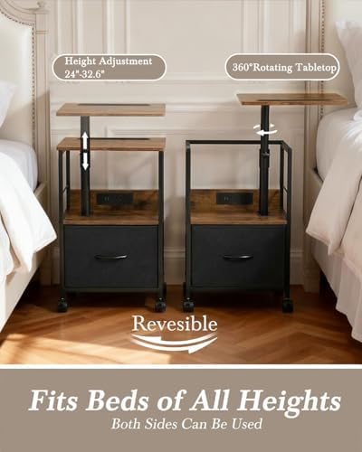 Faesun Swivel Lift Top Nightstand with Charging Station, Rolling Side Table for Recliner, Bedside Table with Wheels & a Fabric Drawer, for Small Spaces, for Bedroom, Living Room, Brown Black - Image 3