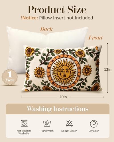 Embroidered Lumbar Pillow Cover 20x12 Inch, Sunflower Moon - Image 4