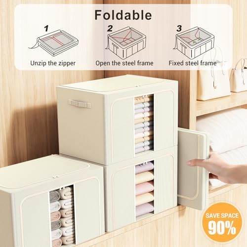 Clothes Storage Bins with Metal Frame, Foldable Clothes Organizers Storage Containers for Clothes, Sheets, Blankets, Pillows and Towels (66L, 3 Pack) Beige - Image 4