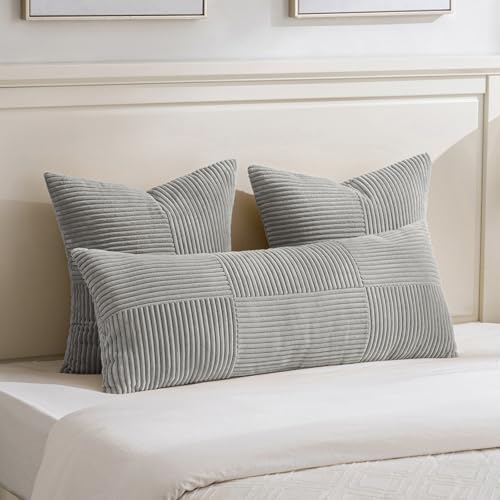 Fancy Homi Set of 2 Grey Boho Long Lumbar Body Decorative Throw Pillow Cover 14x36 Inch for Bed Couch Bedroom Bench, Soft Patchwork Corduroy Textured Pillow Case, Rustic Farmhouse Room Décor - Image 2