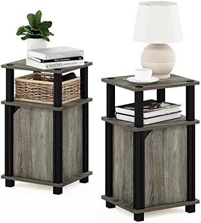 Furinno Brahms 3-Tier End Side Sofa Table/Nighstand with Door, 2-Pack, French Oak/Black by Furinno-FitsYourSpaceFitsYourBudget