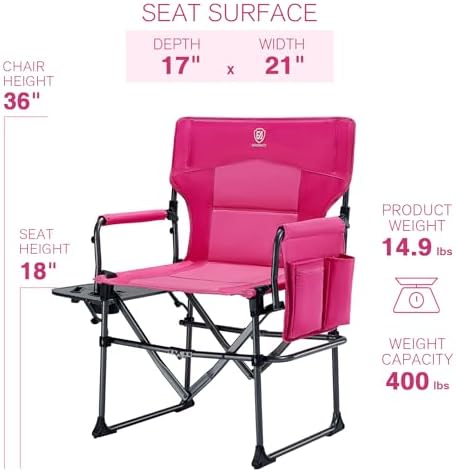 EVER ADVANCED Camping Directors' Chair with Side Table, Portable Folding with Compact Size, Heavy Duty Lawn Chair with Pocket for Camping, Lawn, Sports and Fishing, 400lbs, Pink - Image 3