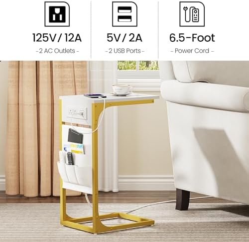 TUTOTAK C Shaped End Table with Charging Station, Side Table for Sofa - Image 6