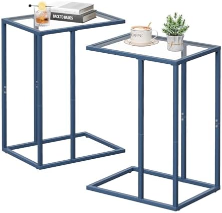 Easy Paws C Table End Table Set of 2, Glass Couch Side Table, Tempered Glass Snack Table with Metal Frame, TV Tray Table for Small Space, Sofa Couch Side Tableand Bed Side Table(Blue) by Easy+Paws