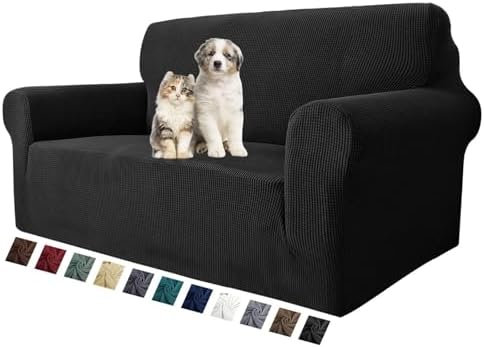 MAXIJIN Stretch Loveseat Sofa Slipcovers 1 Piece Love Seat Couch Covers for 2 Cushion Couch Non Slip Sofa Cover Washable Dog Cat Proof Furniture Protector Pet Friendly (Loveseat, Black) by MAXIJIN