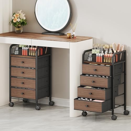 SWTYMIKI Rolling Makeup Organizer Cart - 14.96″*11.81″*27.55″ Widened Under Desk Vanity Storage with 4 Non-woven Drawers, Cosmetic Display Cases for Skin Care Perfume Nail Polish Brush Hair Tool Black by SwtyMiki-TidyHomeSweetLife
