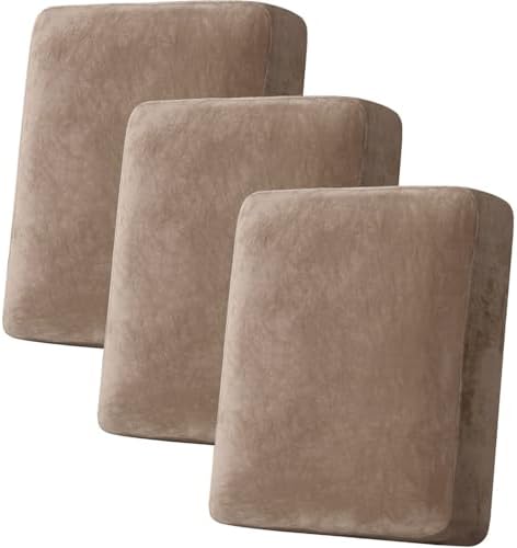 H.VERSAILTEX Velvet Stretch Couch Cushion Cover Plush Cushion Slipcover for Chair Loveseat Sofa Cushion Furniture Protector Seat Cushion Sofa Cover (3 Piece Sofa Cushion Covers, Camel) by HVERSAILTEX
