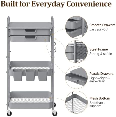 3 Tier Rolling Cart with 2 Drawers, Metal Utility Storage Carts with Wheels - Image 5