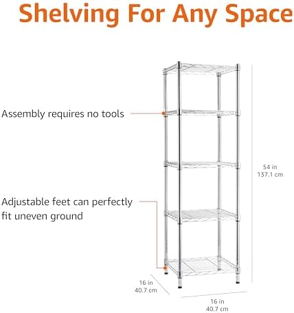 Amazon Basics 5-Shelf Tower Adjustable Storage Shelving Unit, Chrome, 16" x 16" x 54", 150 lbs Per Shelf - Image 3