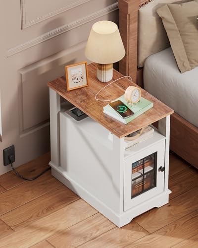 WLIVE Farmhouse End Table with Charging Station, Narrow Side Table with Storage, Small Nightstand with USB Ports and Outlets ，Bedside Cabine for Bedroom, Living Room,White - Image 6