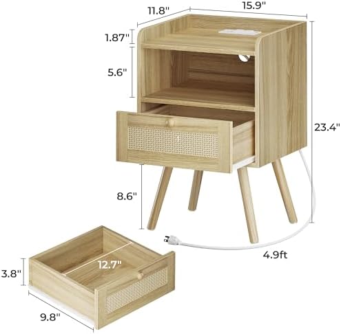 SUPERJARE Nightstands Set of 2, Night Stands with Charging Station, Natural - Image 2