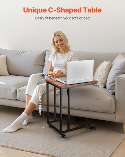 VEVOR C Table, C Shaped Sofa Side Table with Metal Frame Rolling Casters, Portable C Shaped End Stand for Living Room Bedroom Office, 19.69 x 13.78 x 23.82 inches Laptop Side Tables, Brown and Black - Image 4