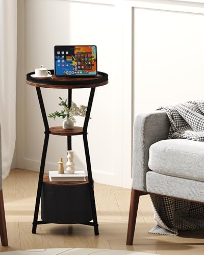Yusong Round Side Table, Small Drink Table for Small Spaces, 3-Tier Industrial End Table, Accent Nightstand Bedside Table for Living Room, Bedroom, Sofa Couch, Rustic Brown - Image 3