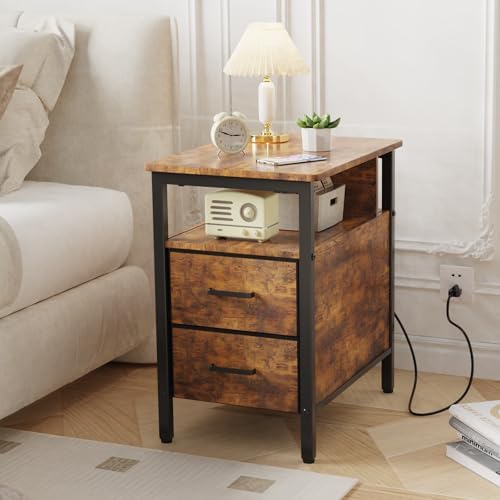 End Table with Charging Station and 2 Fabric Drawers, Vintage Brown by JCMCDObyCOZYHOME