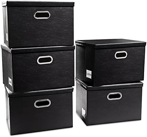 PRANDOM Foldable Storage Bins with Lids [5-Pack] Leather Fabric Collapsible Storage Boxes Organizer Containers Baskets Cube with Cover for Bedroom Closet Office Nursery Black (14.9x10.8x10) by Prandom
