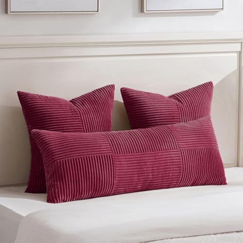 Fancy Homi 2 Packs Burgundy Euro Decorative Throw Pillow Covers 28x28 Inch for Bed, Rustic Farmhouse Boho Home Decor, Soft Corss Corduroy Patchwork Textured Square Cushion Case 71x71 cm - Image 5