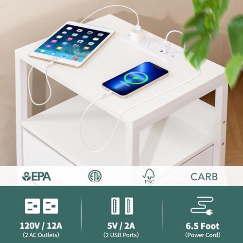 Yoobure Nightstand with Charging Station, Small Night Stand with Fabric Drawers and Storage Shelf for Bedrooms, Nightstands for Small Spaces, Bedside Table with USB Ports & Outlets, Bed Side Table - Image 6