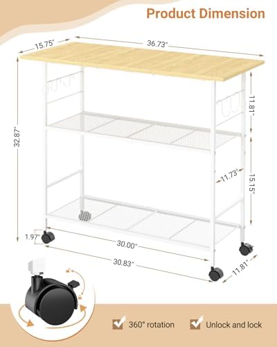Kitchen Island with 3 Shelves, Rolling Kitchen Cart with 6 Hooks and Protective Shelf, Microwave Stand on Lockable Wheels, Bakers Rack Coffee Bar for Dining, Living Room, Outdoor, Metal Frame, White - Image 2