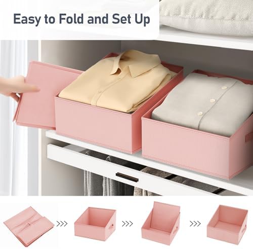 DIMJ Closet Storage Bins - Fabric Storage Baskets for Shelves, Collapsible Clothes Organizer with Handles for Purse, Toys, Books, Towel, Clothes, PInk, 6 Bins 11.4"x11.4"x7.8" - Image 4