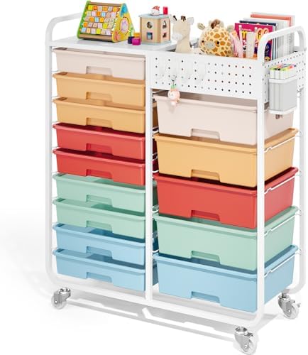 14 Drawer Rolling Storage Cart with Tabletop and Pegboard for Craft Color by APEXCHASER