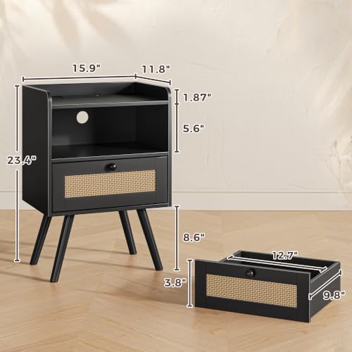 SUPERJARE Nightstands with Charging Station, Bedside Table Set of 2, Black - Image 2
