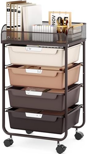 SYKIARIOL 4-Drawer Rolling Storage Cart with Mesh Top,Brown by SYKIARIOL