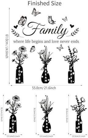 Family Where Life Begins and Love Never Ends Wall Decal - Inspirational Quote with Floral Vase & Butterfly Stickers, Power Dream Brave Vinyl Wall Art for Living Room, Entryway, Farmhouse Home Decor - Image 7