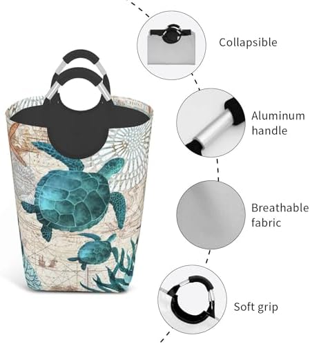 LIBIFALL Vintage Sea Turtle Large Laundry Basket Beach Decor Laundry Hamper Bag Collapsible Laundry Baskets Clothes Hamper with Handles Ocean Storage Baskets For Bathroom Family 50L - Image 4