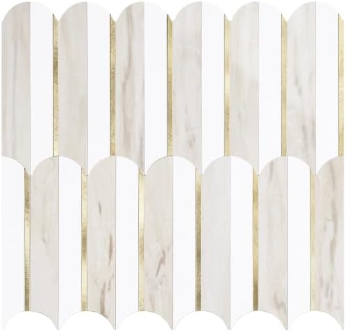 Vamos Tile Peel and Stick Backsplash Seamless Tile for Kitchen and Bathroom,1-Sheet White and Glossy Wooden Marble PVC Mixed Light Gold Self Adhesive Fish Scale Metal Mosaic Tiles by VamosTile