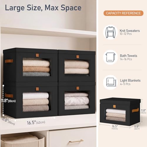 DIMJ Storage Bins with Lids - 6 Pack Front Opening Stackable Fabric Storage Boxes with Clear Window & Handles, Collapsible Closet Organizers for Clothes, Sweaters, Shelf Storage, Bedroom, Black - Image 6