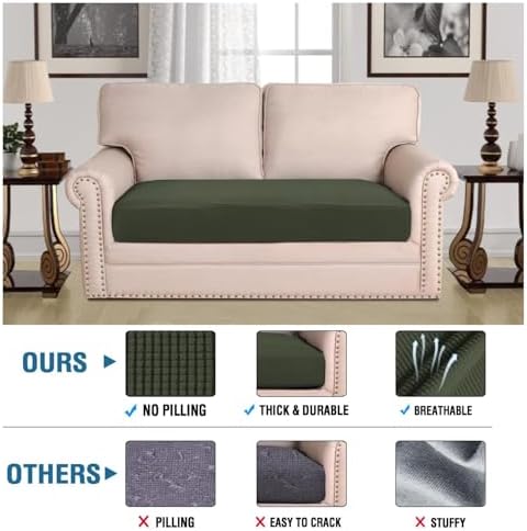 H.VERSAILTEX Super Stretch Individual Seat Cushion Covers Sofa Covers Couch Cushion Covers Slipcover Sets Thick Jacquard Textured Twill Fabric (1 Piece Loveseat Cushion Cover, Olive) - Image 2
