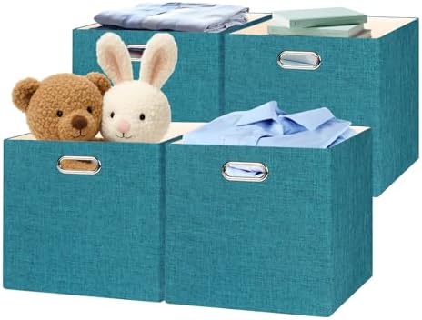Posprica Collapsible Storage Bins,13×13 Foldable Storage Cube Boxes Fabric Drawer Fabric Storage Bins Vinyl Record Cubby Cubes with Handles for Bookcase, Closet, Shelf, Cabinet, 4 Pack by Posprica